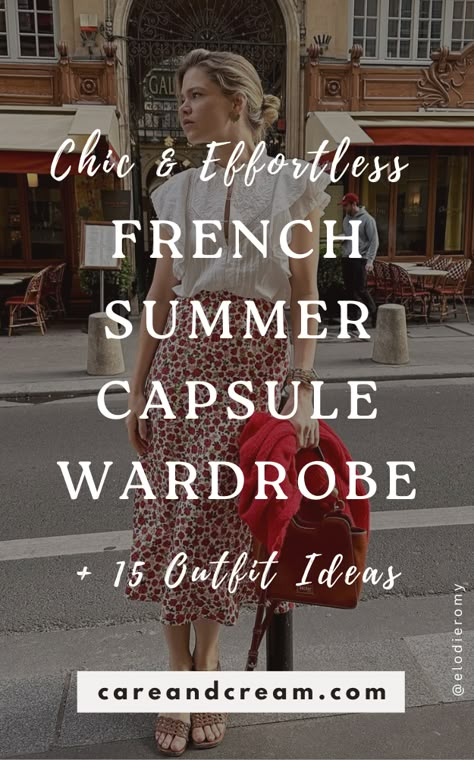 Discover the essentials of a chic French summer capsule wardrobe! Get inspired with 15 French summer outfits that showcase the best of Parisian chic style. Learn about French wardrobe essentials that embody classy, effortless fashion. Plus: French summer style, Parisian capsule wardrobe. Summertime Capsule Wardrobe, Parisian Chic Style Summer Casual, Womens Parisian Style, French Basket Bag Outfit, Paris Summer Outfits Street Style 2024, Silk Tank Top Outfit Summer, French Purse Style, French Summer Wedding Guest Outfit, Capsule Outfits Summer