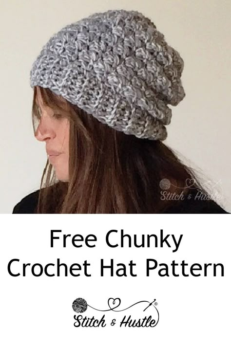 Chunky Everest Beanie Free Crochet Pattern — Stitch & Hustle Scarfie Yarn Hat Patterns Crochet Free, Chunky Crochet Hat Pattern Free Slouchy Beanie, Crochet Hats Slouchy, Chunky Crocheted Hat, Chunky Slouchy Crochet Hat Free Pattern, Chunky Yarn Crochet Beanie Pattern Free, Easy Crochet Slouch Hat Pattern Free, Crochet Chunky Ear Warmer Free Pattern, Slouchy Crochet Beanie Pattern Free