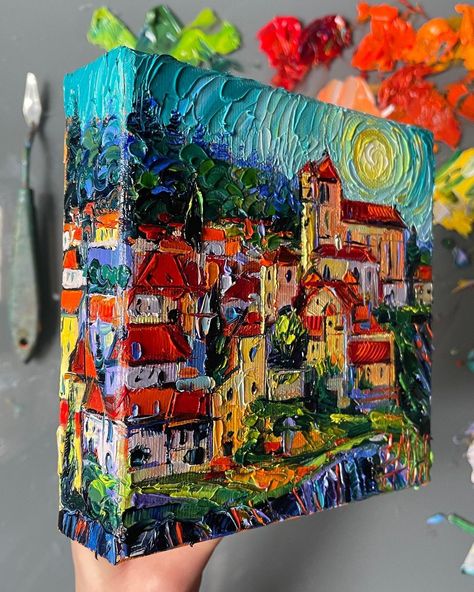 Mona Edulesco 🌈 oil paintings on Instagram: “Saint-Cirq-Lapopie ☀️ commissioned oil painting on 3D canvas 15x15 cm (6”x6”) 🧡 🎨the painting is still drying in my studio, but as soon…” Best Art Pieces, Two Part Canvas Painting, Painting With Orange Background, Painting With Modeling Paste, Oil Paint Ideas, Art On Canvas Ideas, Painting On Things, 3d Art On Canvas, 3d Canvas Painting