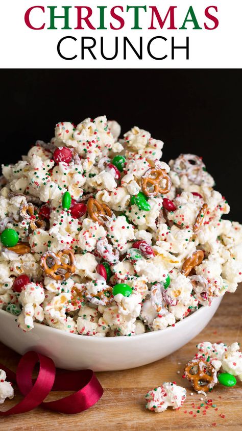 Christmas Crunch! Every Christmas season this popcorn recipe is a reader favorite (I first shared this recipe 7 years ago)! This addictive white chocolate coated treat can be whipped up in less than 15 minutes, and it’s perfect for gifting and holiday parties since it makes enough to feed a crowd. #christmas #christmastreat #popcorn #dessert #gift Salted Popcorn, Christmas Crunch, Christmas Popcorn, Christmas Food Treats, Christmas Baking Recipes, Easy Christmas Treats, Christmas Sprinkles, Reindeer Food, Chocolate Christmas