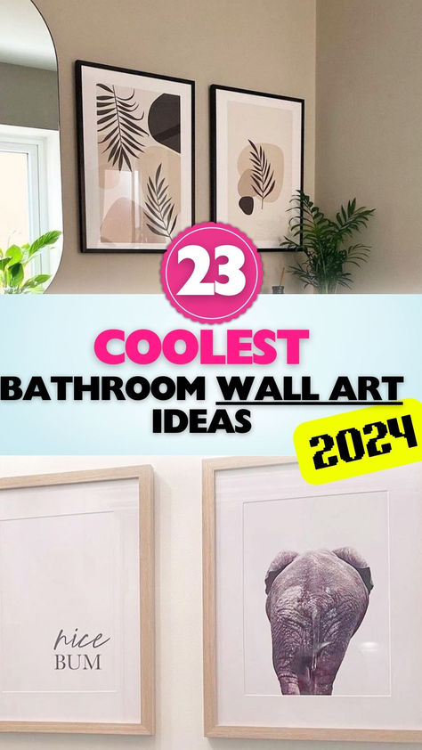 Transform your bathroom with stunning wall art. Check out these coolest ideas for 2024! Half Bathroom Artwork, Wall Art For Small Bathroom, Bathroom Photo Decor, Shower Wall Art, Elephant Bathroom Ideas, Modern Bathroom Art Ideas, Frames On Bathroom Wall, Decorating Bathroom Walls Ideas, Wall Art For The Bathroom