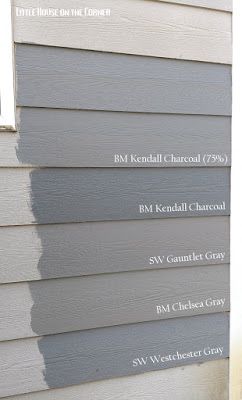 Little House on the Corner: Home Exterior Painting Reveal: Quest for the Perfect Gray Outside House Paint, Gauntlet Gray, Kendall Charcoal, Gray House Exterior, Outside Paint, Chelsea Gray, Exterior House Color, Siding Colors, Exterior Painting