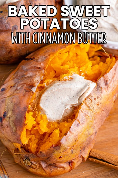 Baked Sweet Potatoes with Cinnamon Butter is a sweet side dish that tastes even more amazing than the steakhouse sweet potatoes you love! #BreadBoozeBacon #sweetpotatoes #bakedsweetpotatoes #cinnamon #cinnamonbutter #sidedish #thanksgiving #vegetarian Cinnamon Butter Sweet Potato, Sweet Potato With Cinnamon Butter, Sweet Potato Cinnamon Butter, Cinnamon Butter For Sweet Potatoes, Sweet Potato Recipes Sweet, Loaded Sweet Potato Recipes, Sweet Potato With Cinnamon, Sweet Potatoes Cinnamon, Baked Sweet Potato Oven