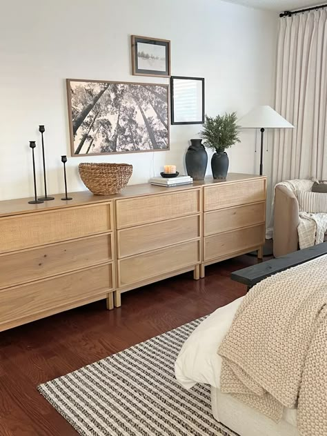 2 Person Dresser, Large Bedroom Dresser Ideas, Bedroom Dresser Long, Two Bedroom Dressers, Double Dresser Bedroom, Bedroom With Multiple Dressers, Wall To Wall Dresser Master Bedrooms, Mixed Dressers In Bedroom, Dressers Side By Side Master Bedrooms