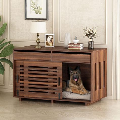 🐾【PERFECT DOG FURNITURE】This furniture-style dog crate boasts an exquisite design that greatly enhances its aesthetic appeal and seamlessly blends with the majority of interior styles. It serves not only as a comfortable dog crate but also as a versatile piece of furniture, such as a coffee table, end table, side table, or bench. Additionally, the two spacious drawers provide extra storage space for your convenience. Indoor Dog Crate, Dog Living Room, Slide Doors, Crate Side Table, Dog Crate Table, Furniture Style Dog Crate, Aesthetic Furniture, Modern Dog Houses, Indoor Dog Kennel