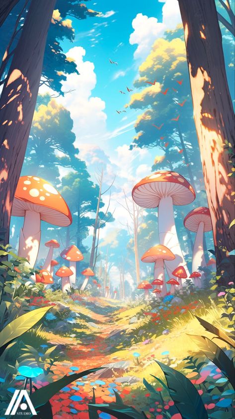 Cute Mushroom Forest, Mushroom Landscape Art, Mythical Places Art, Mushroom Nature Drawing, Mushroom Forest Concept Art, Fairy Background Drawing, Enchanted Forest Digital Art, Mystical Forest Illustration, Fairy Forest Illustration