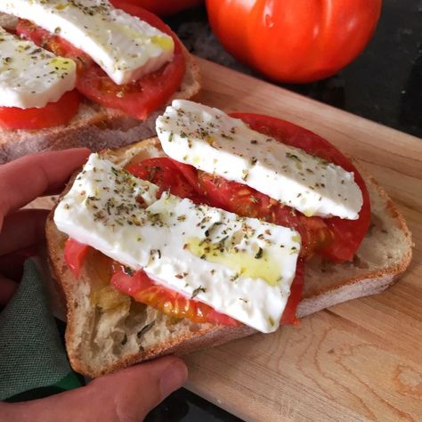 Tomato and feta toast Feta Toast, Greek Sandwich, Greek Flatbread, Authentic Greek Recipes, Tomato And Feta, Greek Recipes Authentic, Comfort Pasta, Tomato Bread, Autoimmune Paleo Recipes