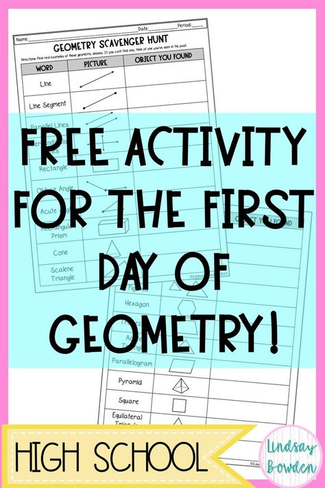 First Day of School Activity for High School Geometry! This free activity is a fun activity to get students moving and talking about geometry on the very first day! #highschoolgeometry #geometryactivity #firstdayofgeometry Geometry Activities High School, Middle School Geometry, High School Geometry, First Day Of School Activity, High School Math Activities, High School Math Classroom, Geometry Lessons, Teaching Geometry, Teacher Info