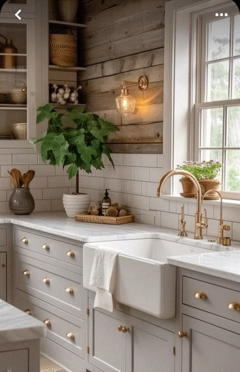 We're Completely Enchanted with These 21 Fall Decor Ideas French Farmhouse Kitchen Cabinets, Farm House Sinks For Kitchen, White Cottage Kitchen Ideas, Cottage Kitchen Lighting Ideas, Old Farmhouse Kitchen Cabinets, Walkthrough Kitchen, Cottage Modern Kitchen, Cottage Kitchen Sink, Country Style Kitchen Farmhouse