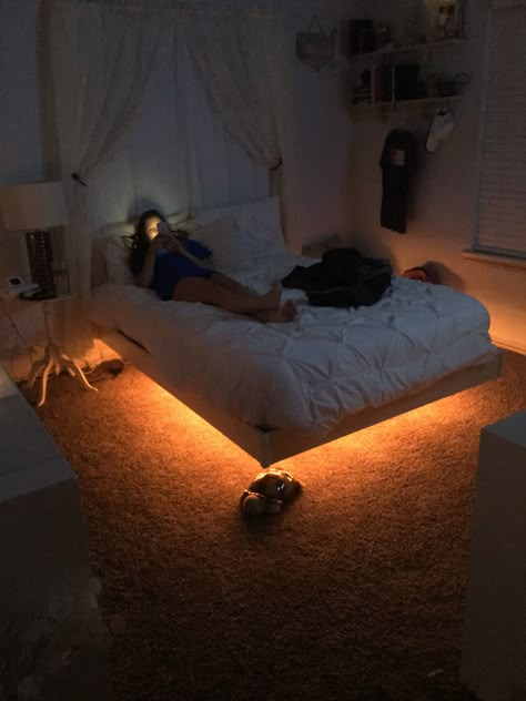 Led Lights Bedroom Under Bed, Floating Bed Decor Ideas, Lights Under Bed Frame, Led Lights Under Bed Aesthetic, Led Lights Bedroom Aesthetic Under Bed, Platform Bed Led Lights, Led Under Bed Lighting, Bed Frame Led Lights, Bed Frame With Lights Headboards