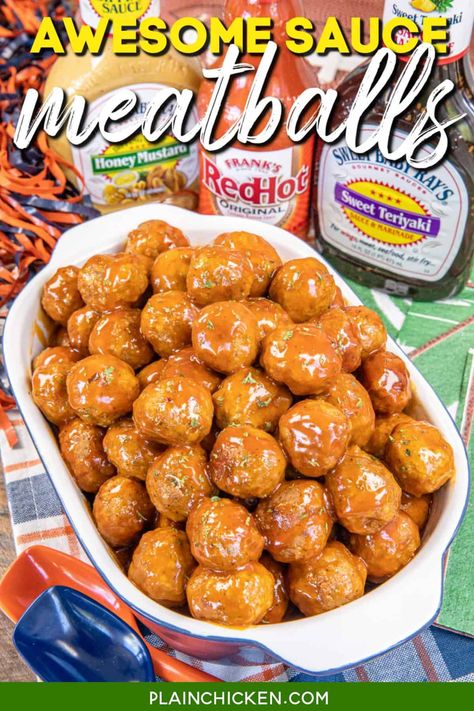 Awesome Sauce Party Meatballs – frozen meatballs, honey mustard dressing, teriyaki sauce, and hot sauce. Ready to eat in under 30 minutes. Honey Mustard Meatballs Crockpot, Making Meatballs, Party Meatballs, Ground Beef Meatballs, Football Friday, Glazed Meatballs, Appetizer Meatballs, Crock Pot Meatballs, Frozen Meatballs