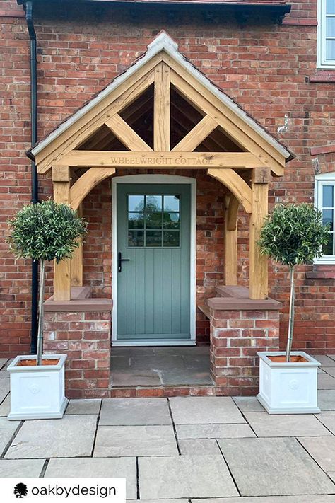 Oak Frame Porch Entrance, Oak Porches Timber Frames, Oak Front Porch, Front Door With Porch, External Porch Ideas, Oak Frame Porch, Timber Porch Ideas, Oak Framed Porch, Open Porch Ideas Uk