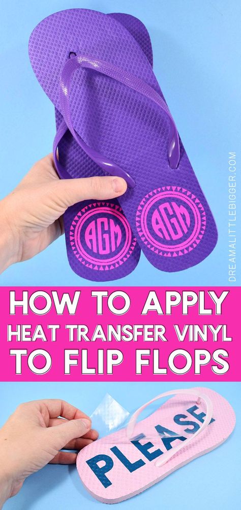 Dollar bin flip flops are so easy to personalize with a little HTV. Monograms, cheeky sayings, images, there are no rules to making your sandals uniquely you! Htv Projects, Cricut Help, Silhouette Tutorials, Cricut Tips, Diy Vinyl, Girls T Shirts, Diy Cricut, Cricut Explore Air, Silhouette Cameo Projects