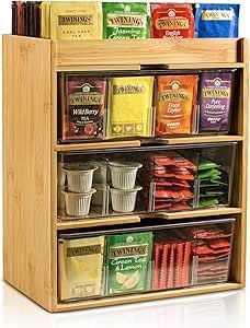 TIMIEEYA Tea Bag Organizer - Bamboo Tea Storage Organizer With Drawer 3 Layer, Tea Organizer for Tea Bags Natural Wood & Acrylic for Countertop Office Kitchen Cabinet Pantry Tea Cabinet Organization, Acrylic Partition, First Apartment Aesthetic, Maximalist Bohemian, Kitchen Cabinet Pantry, Tea Organizer, Green Tea Lemon, Storage Chests, Tea Organization