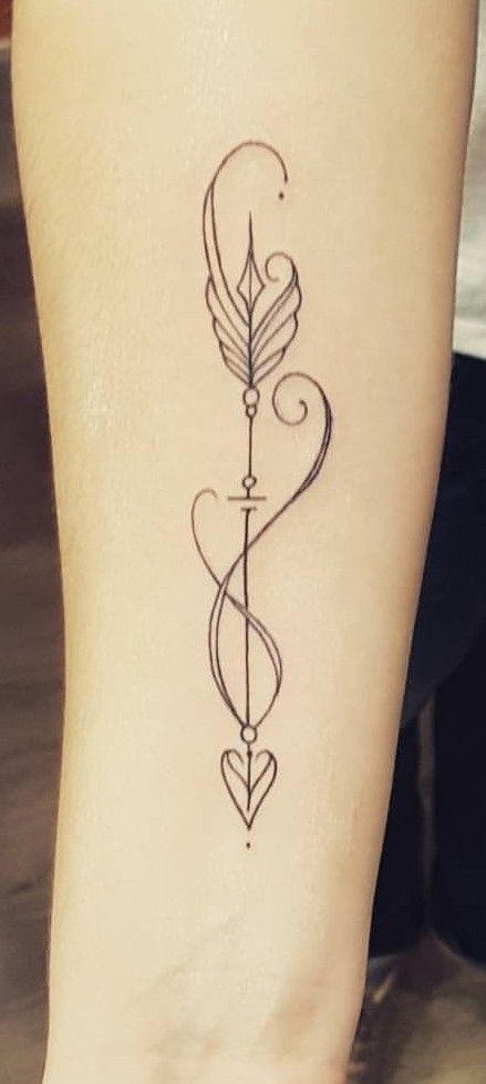 Arrow Music Tattoo, Boho Arrow Tattoos For Women Forearm, Small Inner Forearm Tattoos For Women, Simple Arrow Tattoos For Women, Tattoos For Inner Arm, Arrow Tattoos For Women Forearm, Boho Arrow Tattoos For Women, Unique Sagittarius Tattoo, Sag Tattoo