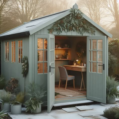 Every plant enthusiast is going to fall in love with this wintery, lush green garden office set up! Imagine having your very own with Johnsons 🌱 Garden Office Exterior Colours, Home Office Outside, Summer House Garden Ideas, Brick Garden Office, Summer House Office, Garden Art Studio Ideas, Office In Shed, Garden Room Office, Office Sheds Backyard Interior