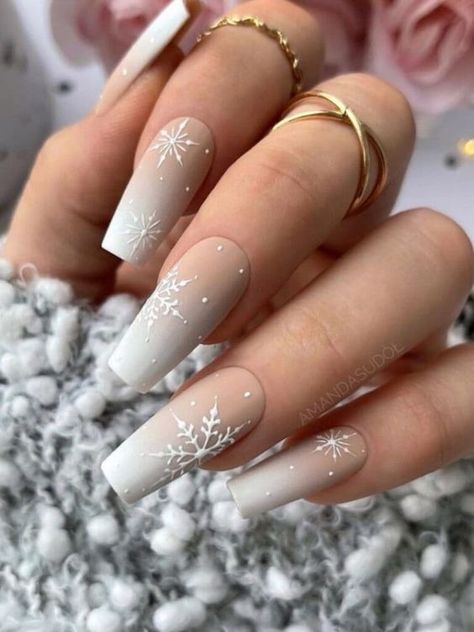 15 French Winter Snowflake Nail Ideas for 2023-2024 Snowflake Christmas Nails Acrylic, Winter Designs Nails, Coffin Snowflake Nails, Snow Nails Winter White, Snow Nails Acrylic, Pretty Winter Nails Acrylic, Snow Flake Nails Acrylics, Snowflake On Nails, White And Silver Christmas Nails