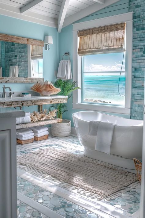 29 Coastal Interior Decorating Ideas for a Breezy Atmosphere Key West Style Homes Interior, Cute Beach House Interior, Beach Decor Aesthetic, Coastal Home Decor Ideas, Coastal Theme Bathroom, Beachy Bedroom Aesthetic, Beach Home Aesthetic, Coastal Farmhouse Interior, Coastal Homes Interior