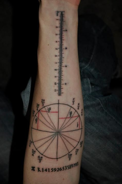 Ruler, Unit Circle, and Pi. A practical and useful tattoo. Engineering tattoo Unit Circle Tattoo, Ruler Tattoo Arm, Practical Tattoo Ideas, Functional Tattoo Ideas, Measurement Tattoo, Roommate Tattoo, Functional Tattoos, Engineering Tattoo Ideas, Functional Tattoo