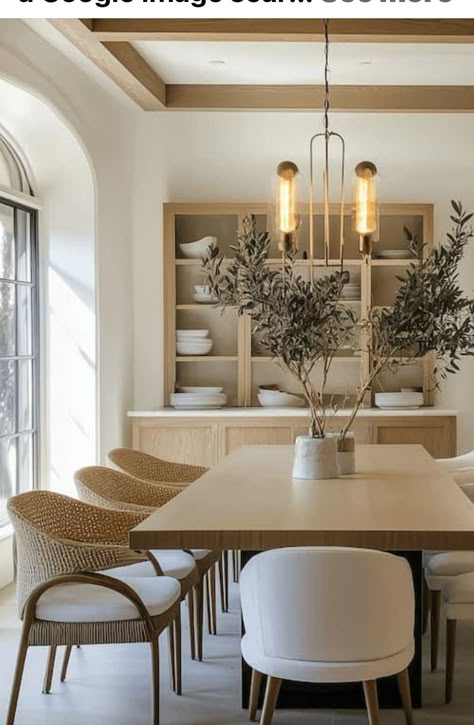 Neutral Modern Dining Room, Modern Neutral Dining Room, Dining Room Earthy, Organic Modern With Color, Low Light Dining Room, Long Table Dining Room, Dining Room Long Table, Dinner Room Ideas, Dining Room Design Minimalist