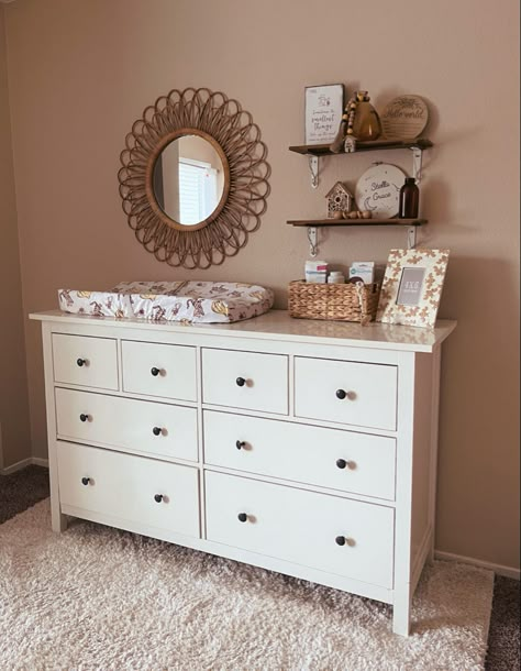 Dresser As A Changing Table, Ikea Dresser Change Table, Nursery Dresser With Changing Pad, Dark Dresser Nursery, Gender Neutral Nursery Dresser, Boho Nursery Changing Tables, Boho Nursery Dresser Decor, Baby Nursery Dresser Changing Table, Nursery Dresser Changing Table Decor