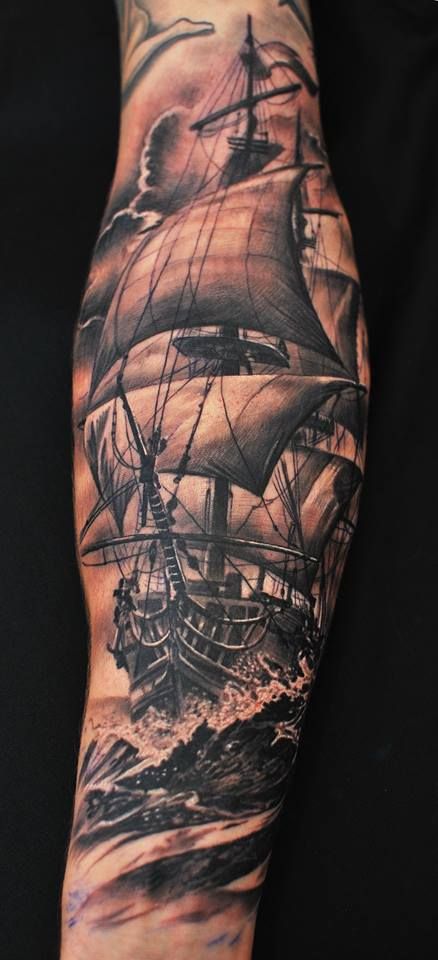 Ship Tattoo Sleeves, Nautical Sleeve, Pirate Ship Tattoos, Ship Tattoos, Rabe Tattoo, Nautical Tattoo Sleeve, Pirate Ship Tattoo, Navy Tattoos, Boat Tattoo