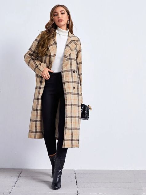 Notched Collar Double Breasted Plaid Pea Coat | SHEIN USA Peacoat Womens Outfit, Winter Dressy Outfits, Plaid Coat Outfit, Shacket Outfit, Double Breasted Cardigan, Plaid Trench Coat, Plaid Peacoat, Korean Outfit Street Styles, Pea Coats Women