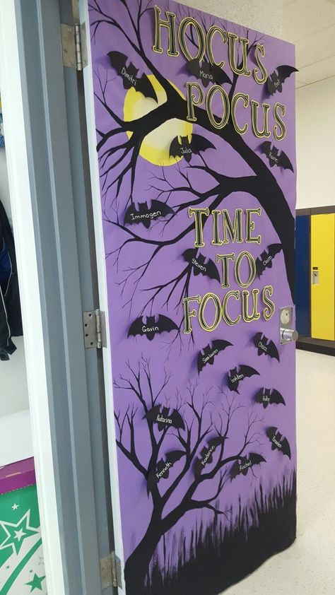 How To Make Best Halloween Door Decorations ideas For 2023 Halloween Window Display Daycare, Halloween Decorations Preschool Classroom, Bat Themed Classroom Door, Bat Door Decoration, Halloween Theme Bulletin Board Ideas, Bat Classroom Door, Bat Bulletin Board, Fall Classroom Door Ideas, Bus Decorations