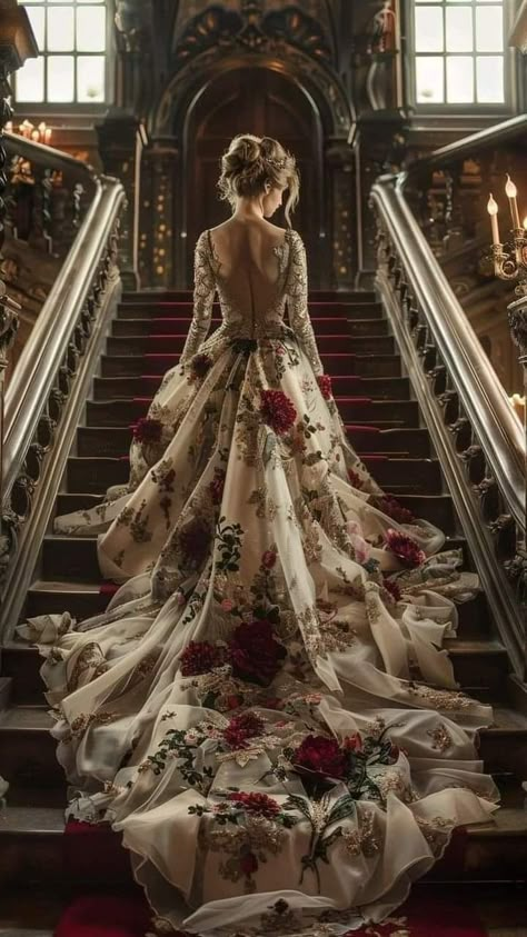 White Wedding Dress Red Accents, Romantic Gothic Wedding Dress, Wedding Dress With Red Accents, Red Carpet Stairs, Roses Wedding Dress, Red And White Wedding Dress, Carpeted Staircase, Norse Wedding, Rose Wedding Dress