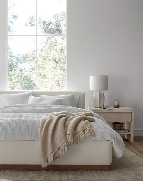 Shop for Gather Tailored Bedroom at Crate & Barrel. Browse a variety of furniture, housewares and decor. Order online. Queen Bed Frame Modern, Crate Barrel Bedroom, Linen Upholstered Headboard, Bedroom With Low Windows, All White Furniture Bedroom, Mango Wood Bedroom Furniture, Bright White Bedroom Ideas, Maggie Macdonald Bedroom, Floor Lamp Nightstand