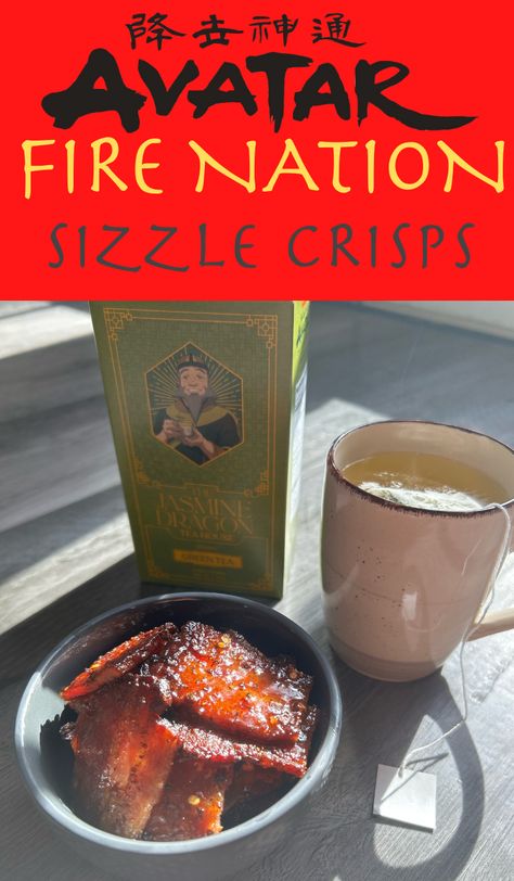 In celebration of #AvatarAdversaries, I've created this fun Fire Nation Sizzle Crisps recipe in partnership with @Nickelodeon! (Sponsored). Iroh Jasmine Dragon Green Tea from @OfficialFYE Atla Inspired Food, Avatar The Last Airbender Food Ideas, Uncle Iroh Tea Recipe, Princess Teegra From Fire And Ice, Uncle Iroh Tea Quotes, Dragon Recipe, Dragon Tea, Tv Food, Snack Treat