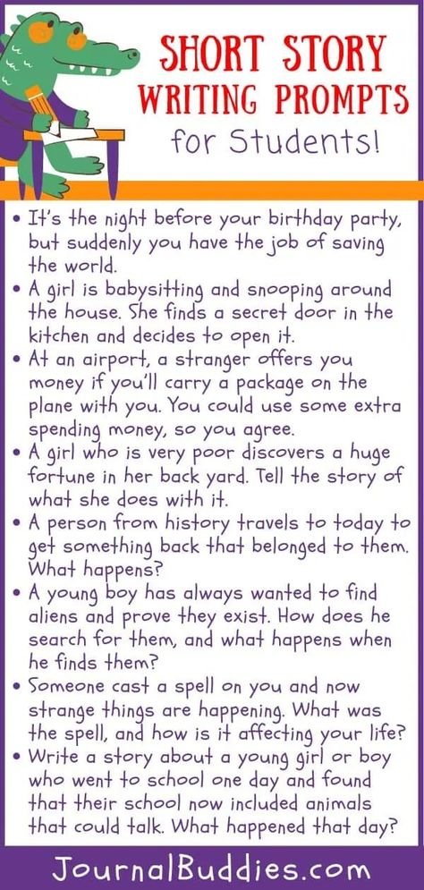 One of the best things students can do to hone their story-writing skills is to practice doing it. Make practice a bit easier with these short story prompts. #shortstorywriting #shortstoryprompts #writingshortstories #journalbuddies Short Writing Prompts, Short Story Ideas, Short Story Writing Prompts, Short Story Writing, Narrative Writing Activities, Writer Resources, Short Story Prompts, Common App Essay, Writing Story