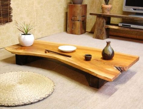 Live edge low dining table  , Japanese style Furniture Free Living, Japanese Tea Table, Japanese Dining Room, Japanese Dining Table, Tea Area, Consultation Room, Zen Table, Bamboo Furniture Design, Low Dining Table