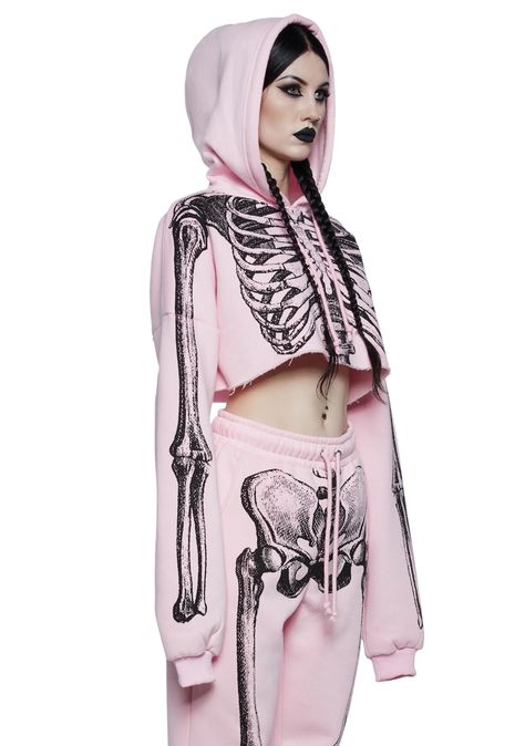 Trickz N' Treatz Skeleton Graphic Cropped Hoodie - Pink Halloween Costume Boots, Grunge Dresses, Fishnet Tops, Dolls Kill Outfits, Haute Mess, Pastel Goth Outfits, Pink Goth, Skeleton Graphic, Cheerleader Costume