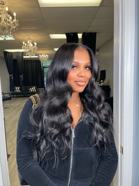 Natural Closure Sew Ins, Wavy Middle Part Sew In, Middle Part Curls Sew In, Middle Part Hairstyles Curls, All Black Middle Part Sew In, Short Sew In Weave, Beach Waves Sew In, Curled Sew In Weave Middle Part, Middle Part Quickweave With Curls