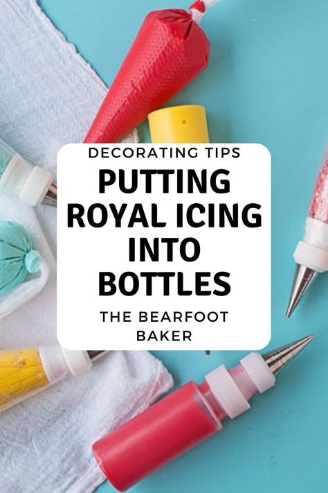 Learn how to get royal icing into bottles for better control for details when decorating sugar cookies in this tutorial on the blog today! #cookiedecoratingtutorial #cookiedecoratingtips #thebearfootbaker Royal Icing For Beginners Piping Techniques, Royal Icing Tools Decorating Supplies, How To Prevent Color Bleed In Royal Icing, Royal Icing Videos Tutorials, How To Ice Cookies With Royal Icing, Royal Icing Tools, Royal Icing Piping Techniques, Beginner Cookie Decorating Ideas, How To Write On Sugar Cookies