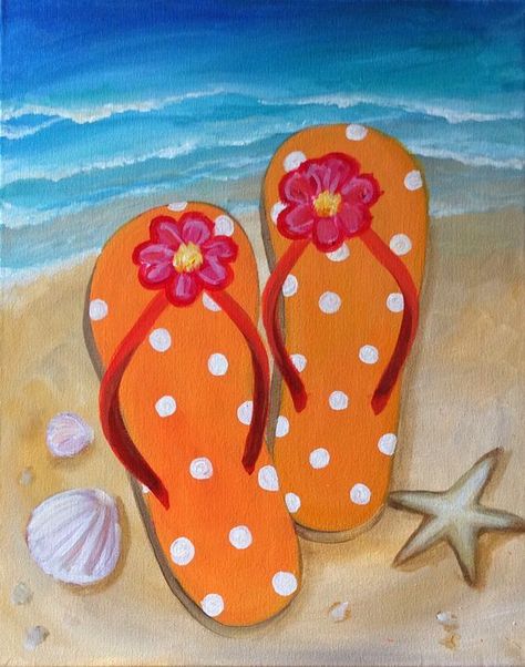 Flip Flop Art, Theme Painting, Art Plage, Bd Art, Wine And Canvas, Paintings Canvas, Paint Nite, Painting Party, Summer Painting