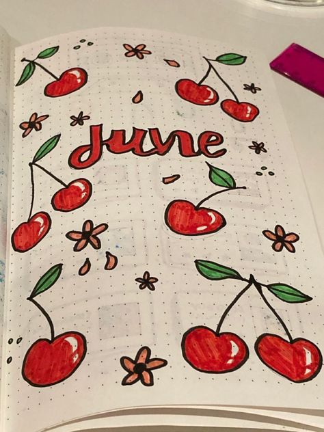 May Journal Ideas Aesthetic, Cherry Bullet Journal, Red Journal Aesthetic, June Calendar Ideas, Journal Ideas Templates, Bullet Journal Pages, Bullet Journal Ideas Templates, Creating A Bullet Journal, Bond Paper Design