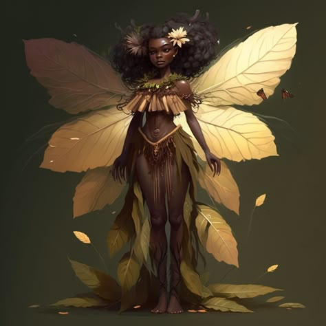 Fae Creatures Illustrations, Black Fantasy Creatures, African Fairy Tattoo, Plus Size Black Fairy, Black Fairy Painting, Black Fae Art, Nyphm Fairy, Black Fairies Art, Fairy Black Women