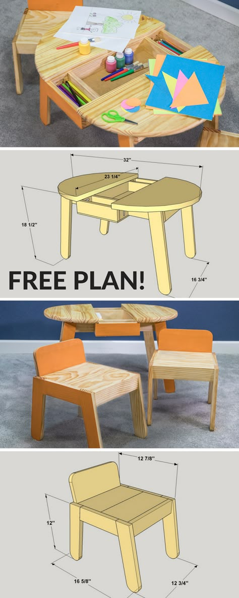 Free Project Plan: This pint-sized art table will help bring out the artist in any child. It features work and storage space, plus a pair of chairs that are sized just right for small kids. Using a pre-made round top keeps the table simple, while a few angles and gentle curves add an extra touch of style. Complete how-to and step-by-step instructions on buildsomething.com! Kids Woodworking Projects, Kids Art Table, Wood Projects Plans, Kids' Furniture, Wood Plans, Kids Wood, Woodworking Videos, Woodworking Projects Plans, Small Wood Projects