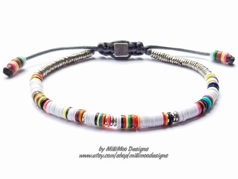 African Vinyl Disc Skinny Bracelet,Mens Bracelet,White Mens Bracelet,Kenyan Silver Heishi Beads,Rainbow,Boho,Friendship,Beach,Surf,Disc by MilliMooDesigns on Etsy