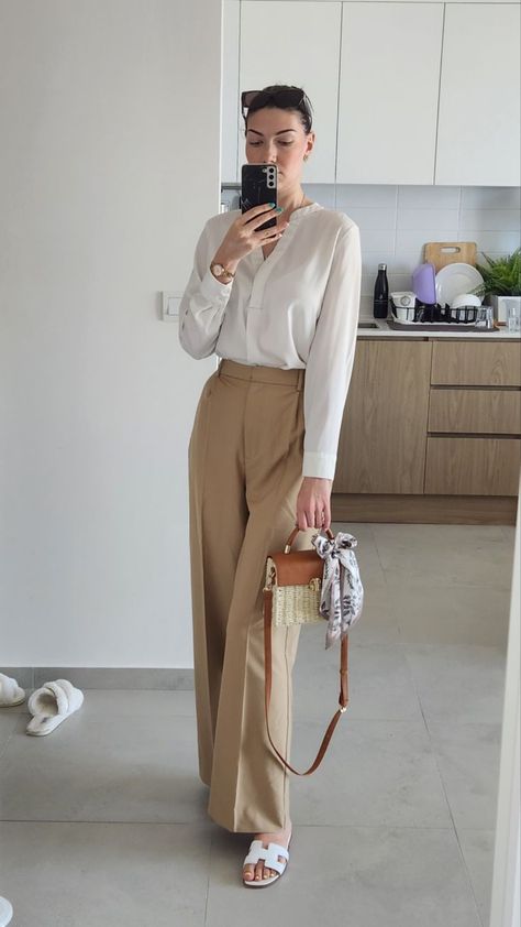 Cream Beige Pants Outfit, How To Style Beige Formal Pants, High Waisted Pants Beige, White Blouse Formal Outfit, Cream Shirt Outfit Women Work, White Polo And Trousers Women, Cream Loose Pants Outfit, Brown High Waisted Pants Outfit, Silk Fit Pants