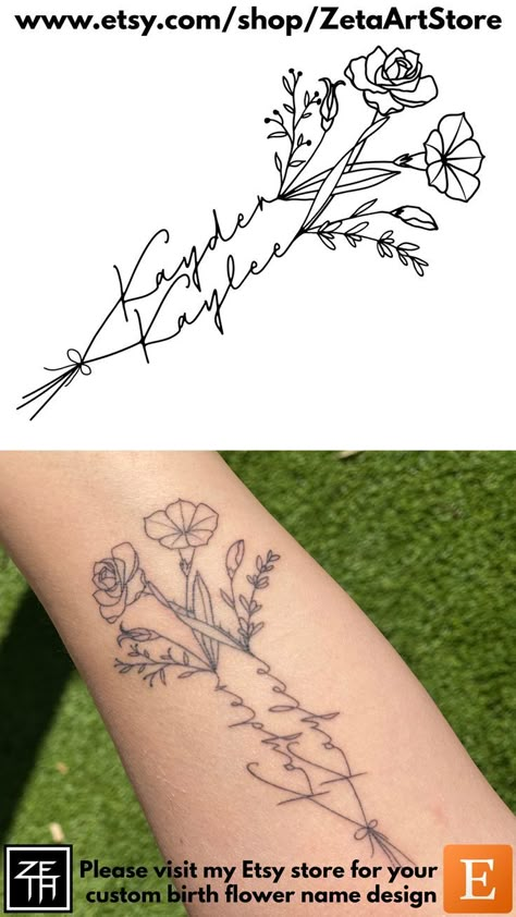 Birth Month Flower Tattoos With Names, Flower Name Tattoo, Tattoo Idea For Women, Name Flower Tattoo, Name Tattoo Design, Flower Spine Tattoos, Twin Tattoos, Cool Wrist Tattoos, Beautiful Tattoos For Women