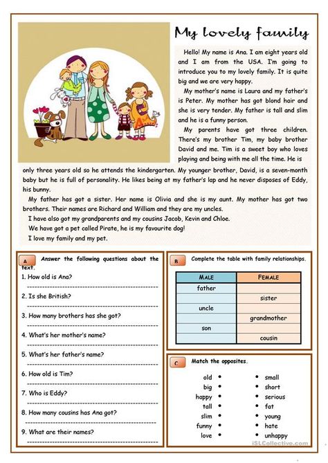 Esl Reading, Family Worksheet, Comprehension Exercises, Simple Present, English Exercises, Family Reading, Reading Comprehension Activities, English For Kids, Lovely Family