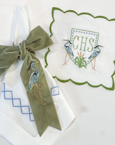 These gorgeous Charleston cocktail napkins embody the feel of the Lowcountry with great blue heron and elements of the marshes. Beautifully bordered with a pale green embroidered edge The Nantucket option captures elements of the island with a celebratory vibe.  Either option can have a monogram instead! Please just ma Preppy Stitch, Pretty Monograms, Embroidery Napkins, Unique Monogram, Paper Cocktail Napkins, Great Blue Heron, Stitch Shop, Embroidered Napkins, Machine Embroidery Projects