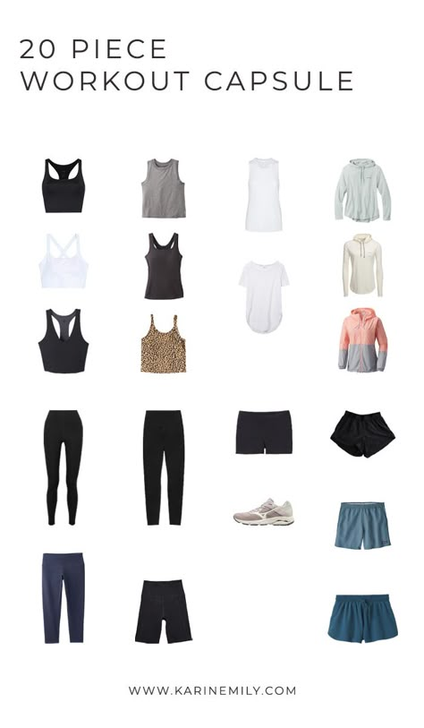 Workout Clothes Capsule, Capsule Fitness Wardrobe, Capsule Wardrobe Active Wear, Athleisure Minimalist Wardrobe, Workout Outfits Capsule, Minimalist Workout Wardrobe, Workout Clothes Capsule Wardrobe, Capsule Athletic Wardrobe, Minimal Workout Outfit