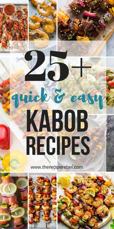 All kinds of kabob recipes for summer grilling! Chicken kabobs, shrimp kabobs, steak kabobs, and dessert kabobs! Because food on a stick is more fun ;) #kabob #kebab #skewer #grill #grilling #summer #recipe #dinner Easy Kabobs, Dessert Kabobs, Kabob Marinade, Food On A Stick, Grilling Chicken, Grilled Kabob Recipes, Chicken Kabob Recipes, Shrimp Kabobs, Summer Chicken