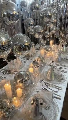 Last Disco Table Decor, New Years Eve Party Ideas Theme Disco Ball, Mirror Ball Table Decor, Diamonds And Disco Theme, Disco Ball Table Decor Party Ideas, Disco Table Scape, Disco Dinner Party Table, Fancy Disco Party, Disco Party Table Setting