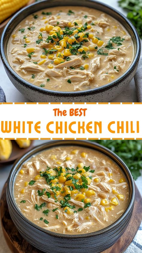 The BEST White Chicken Chili recipe Best White Chicken Chili Recipe, Best White Chicken Chili, White Chicken Chili Soup, Creamy White Chicken Chili Recipe, Chili Soup Recipe, White Chicken Chili Slow Cooker, Chicken Beans, White Chicken Chili Recipe, White Bean Chicken Chili