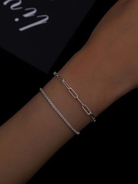 2pcs Heart Charm Bracelet Silver Jewlery, Inexpensive Jewelry, Silver Bracelets For Women, Jewelry Accessories Ideas, Classy Jewelry, Jewelry Lookbook, Fancy Jewelry, Girly Jewelry, Jewelry Inspo